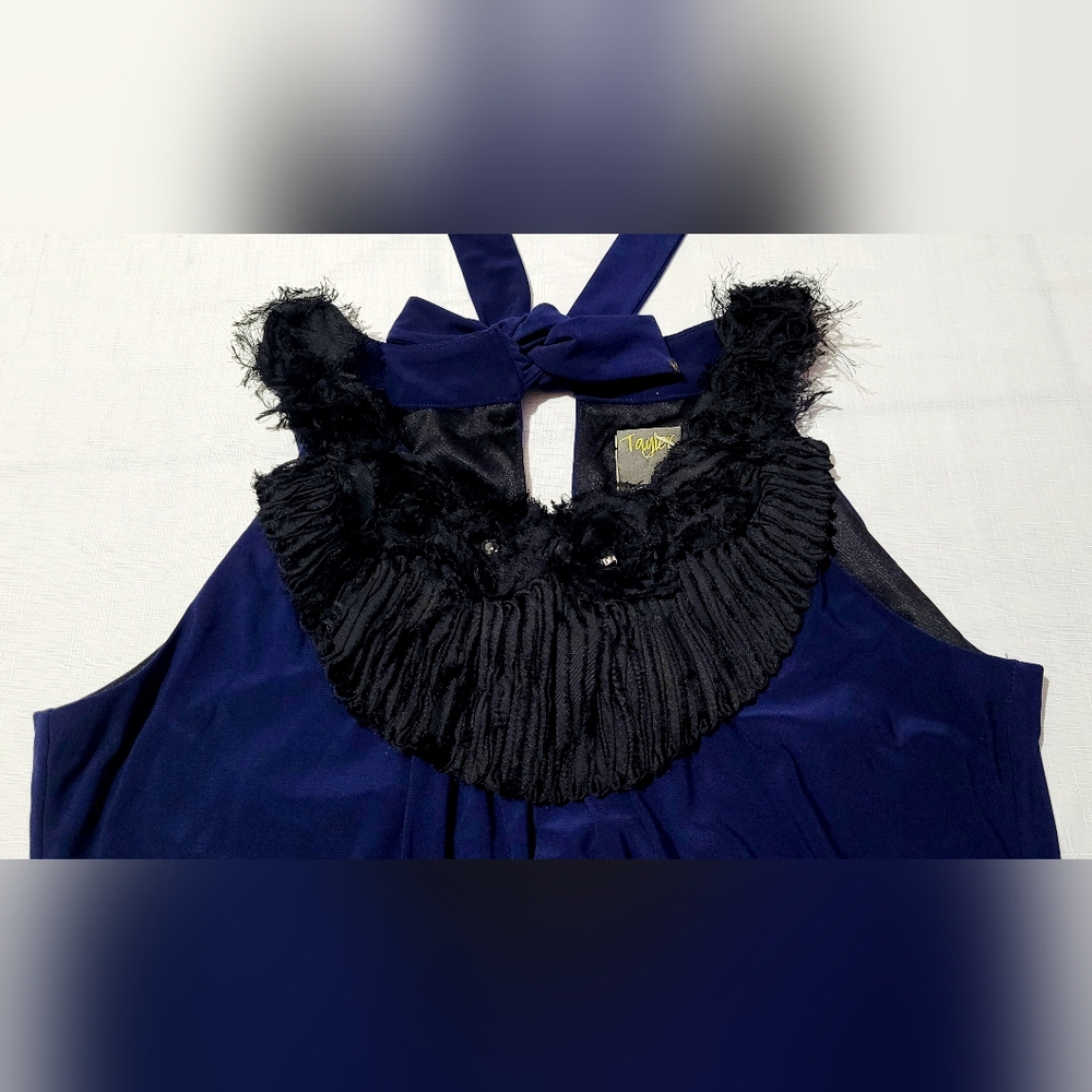 Taylor Navy Blue Pleated With Black Ruffle Sleeveless Shift Tent Tunic Dress 4 - Picture 6 of 10
